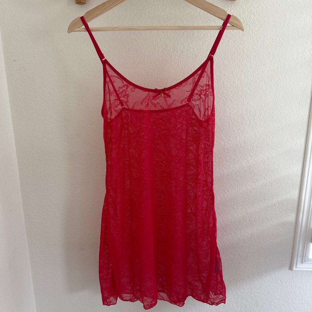 Daisy Fuentes Red lace mesh slip babydoll dress adjustable straps valentines